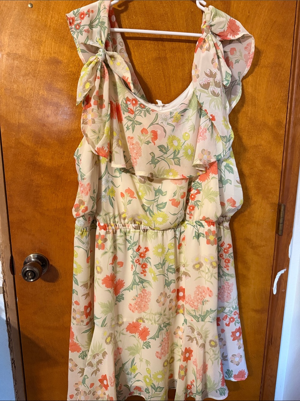 Maurices Cream Floral Ruffle Tie-Shoulder Midi Dress
